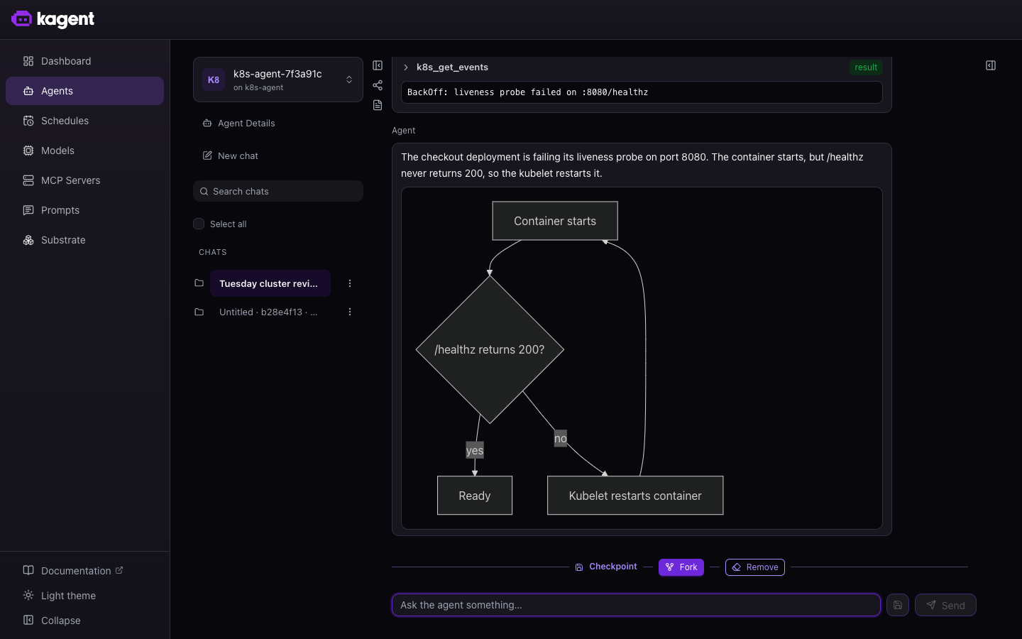 A conversation with an agent, showing a tool call and a checkpoint
